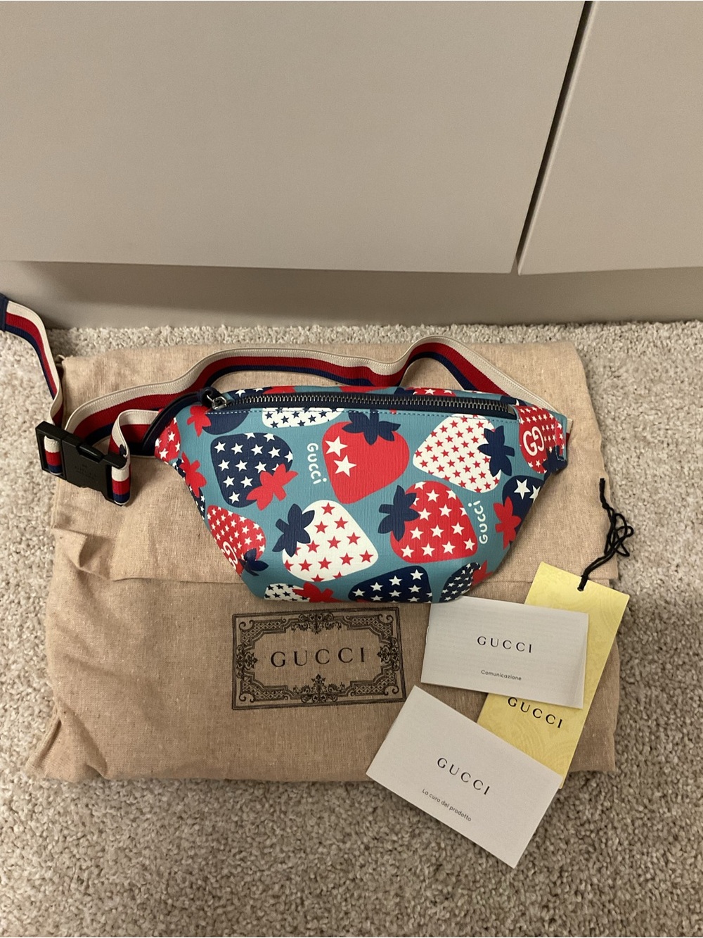 NWT Authentic Gucci Strawberry Print Belt Bag in Blue and Red